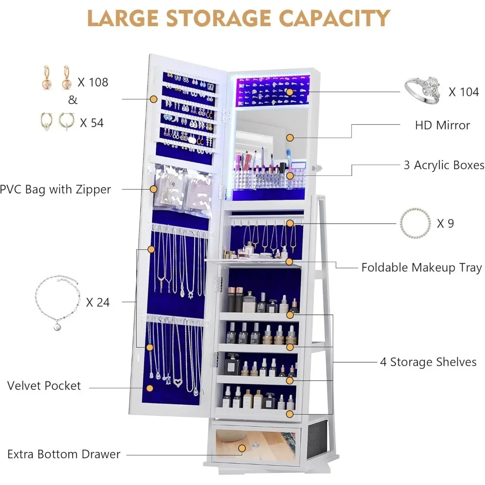 Lvifur 360 ° Armário de Jóias Rotativo, Espelho Completo, Grande Capacidade, 3 Cores Regulável, Bloqueável Organizador de Jóias