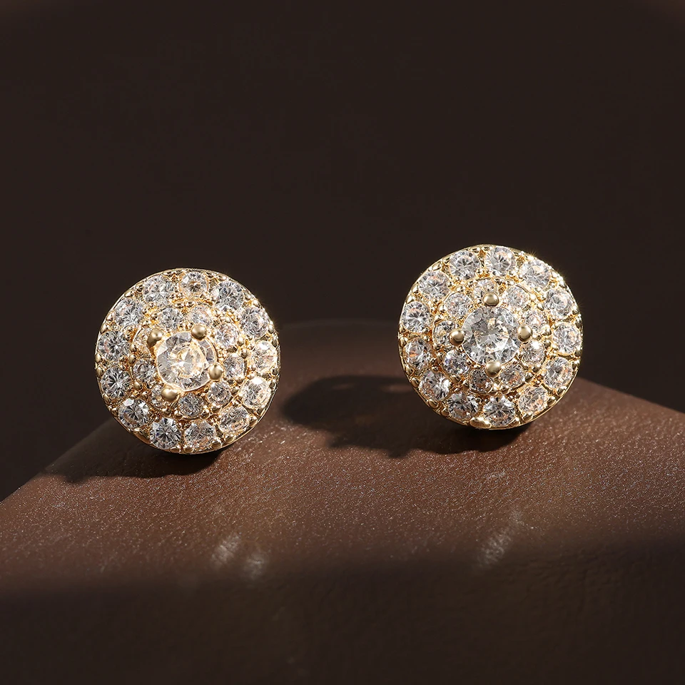 Hip Hop Rock Round Copper Zirconia Stud Earrings Silver/Gold Color Metal Crystal Ear Jewelry For Men Women Party Gift