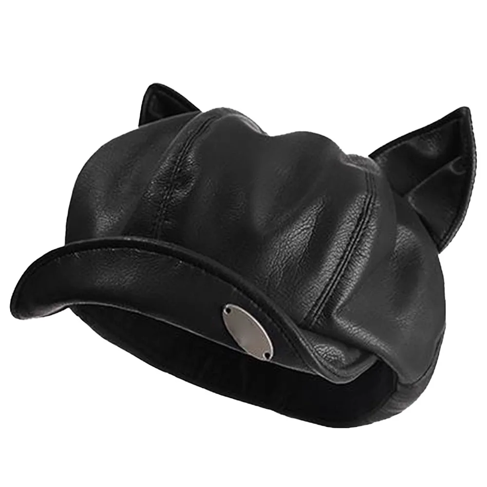 

New Cat Ear Newsboy Hat PU Leather Solid Color Newsboy Cap Personalized Casual Peaked Cap Ladies Women Girls