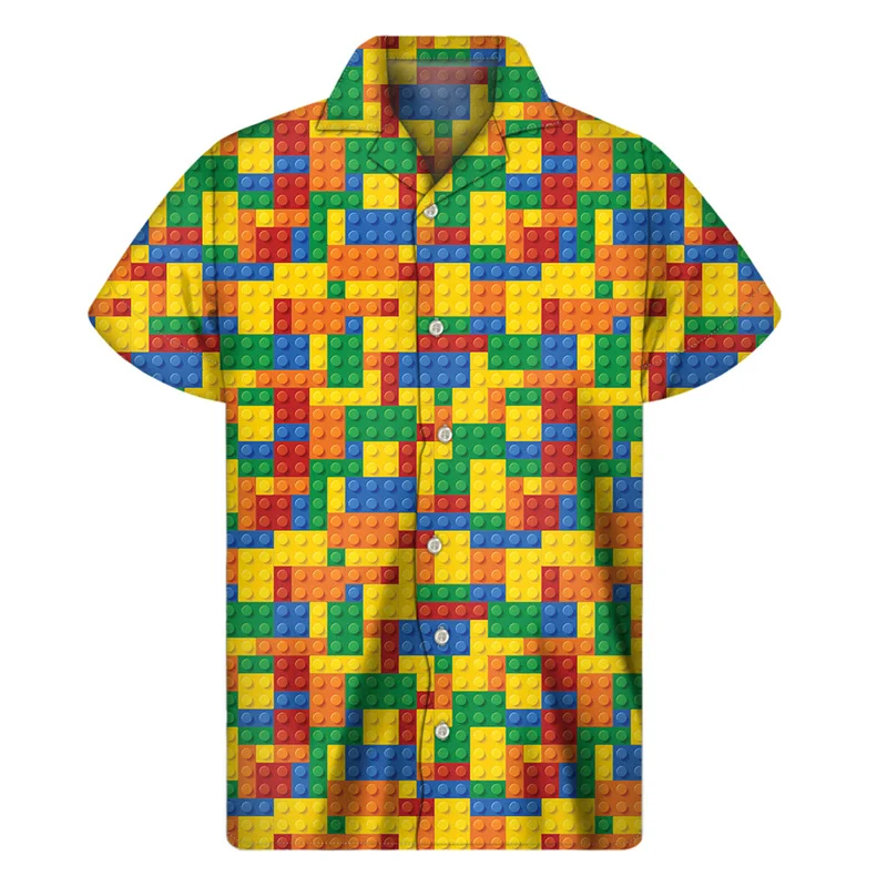 Creative Building Blocks Toy 3D Print Shirt Men Summer Hawaiian Shirts Tops Street Lapel Aloha Blouse Button Short Sleeves