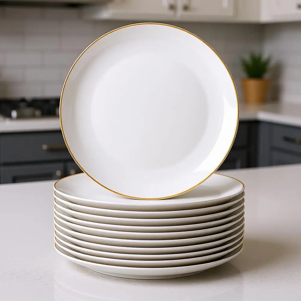 

Элегантные белые фарфоровые обеденные тарелки, набор из 12 штук, 10,5 дюймов с золотым ободком, идеально подходят для классических ужинов и в качестве праздничных подарков