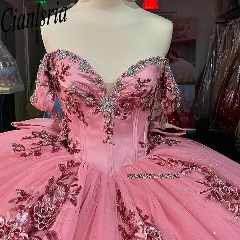 Pink Off The Shoulder Bow Quinceanera Dresses Ball Gown Sequined Appliques Lace Customized Corset Vestidos De XV Anos