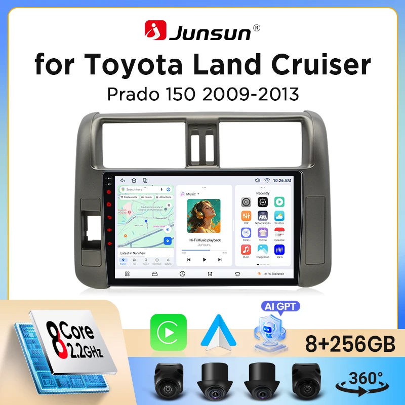 Autoradio Junsun sans fil CarPlay Android Auto pour Toyota Land Cruiser (J150) 2009-2013 avec ventilateur de refroidissement intégré, navigation GPS Android, le