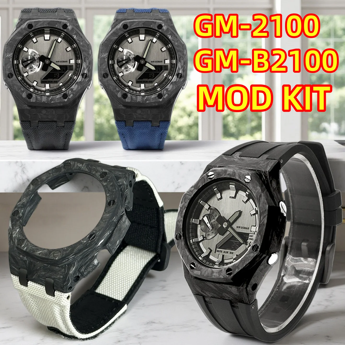 

GM2100 Ultra Light Mod Kit Carbon Fiber Case Nylon Strap FKM Rubber band For Casio GM‑2100 GBM‑2100 Farm Oak Watch Accessories