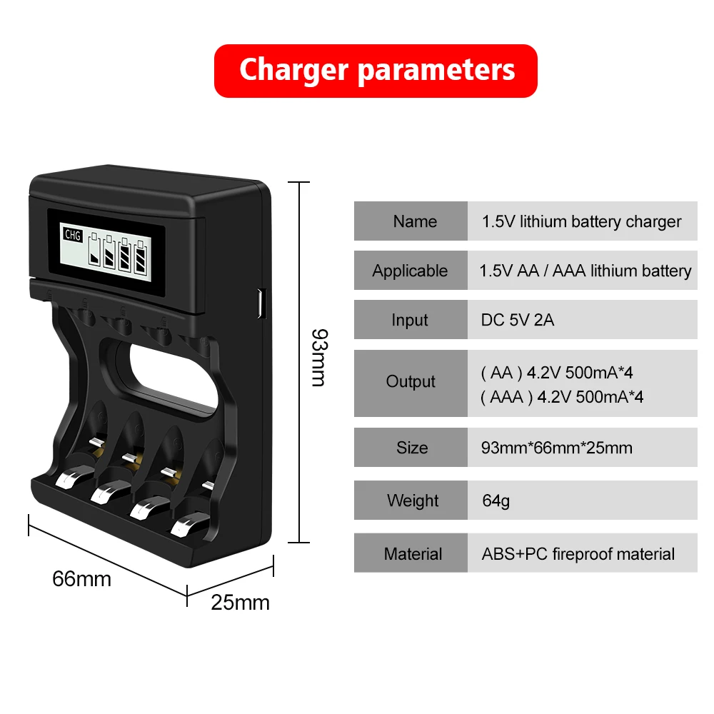 CITYORK LCD USB Battery Charger For 1.5V AAA AA Rechargeable Lithium Battery Charger 4 Slots 1.5V Li-ion AA AAA Battery Charger