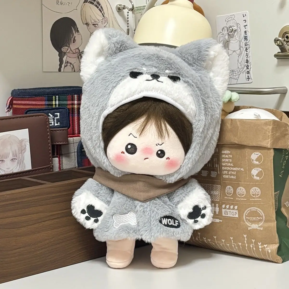 20cm Plush Doll Clothes Cute Wolf Animal Onesie Outfit, Soft Hooded Jumpsuit for Cotton Dolls, Kawaii Toy Costume Replacement Se