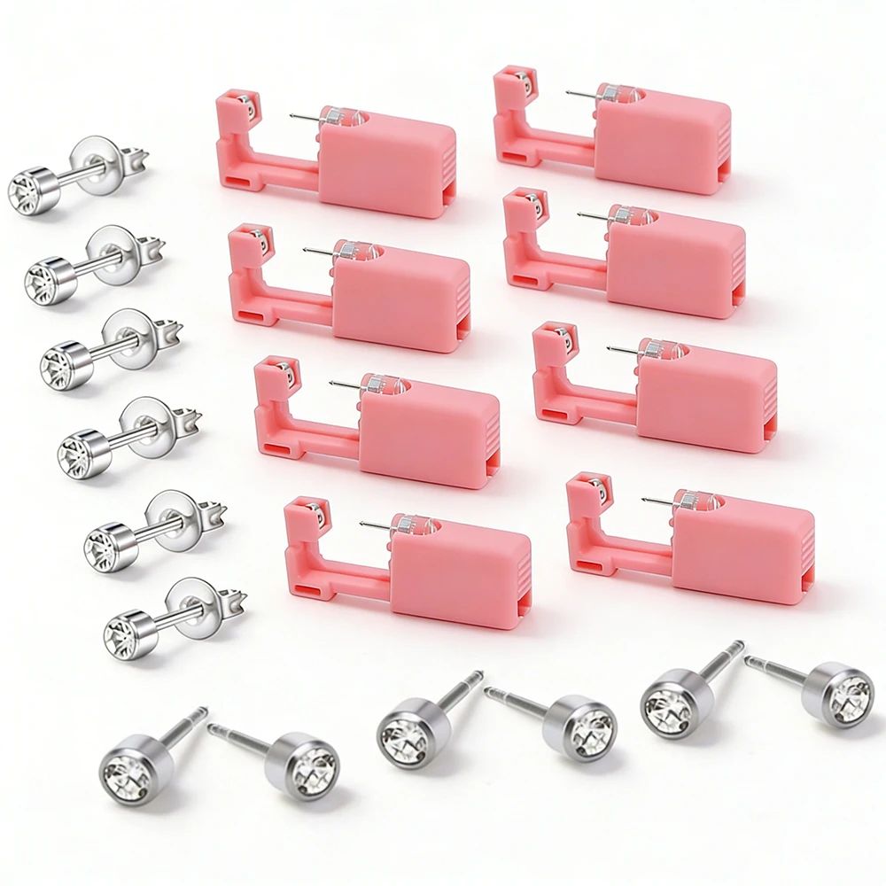 5PCS/17PCS Pink Ear Piercing Kit Disposable Self Piercing Gun With 4mm Silver Earring Studs Home Use Ear Piercing Tool