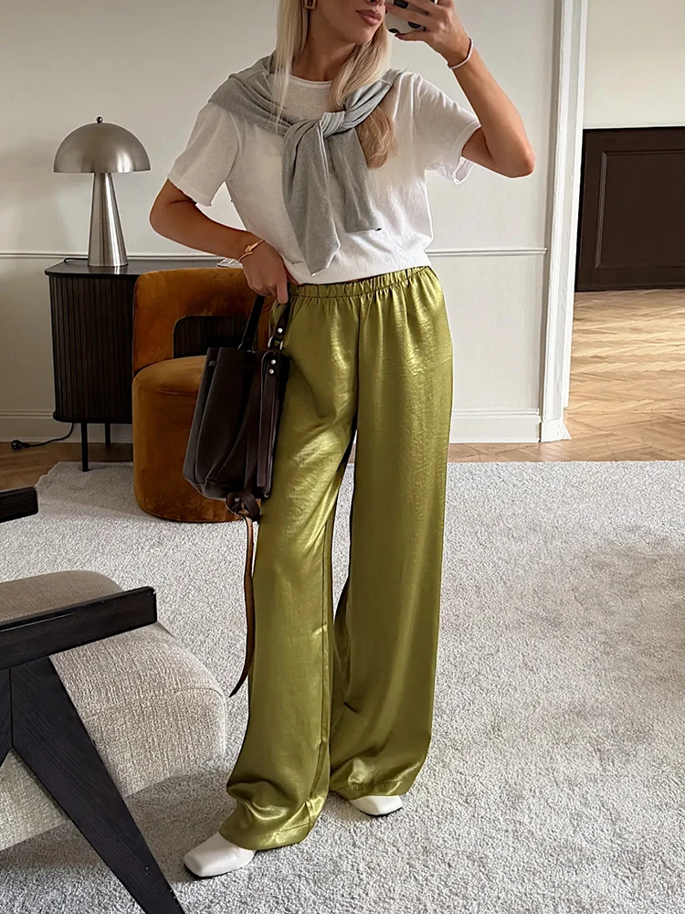 2026 Summer Women Satin Wide Leg Pants High Waist Elastic Loose Trousers Shiny Silk Look Casual Vacation Outfit