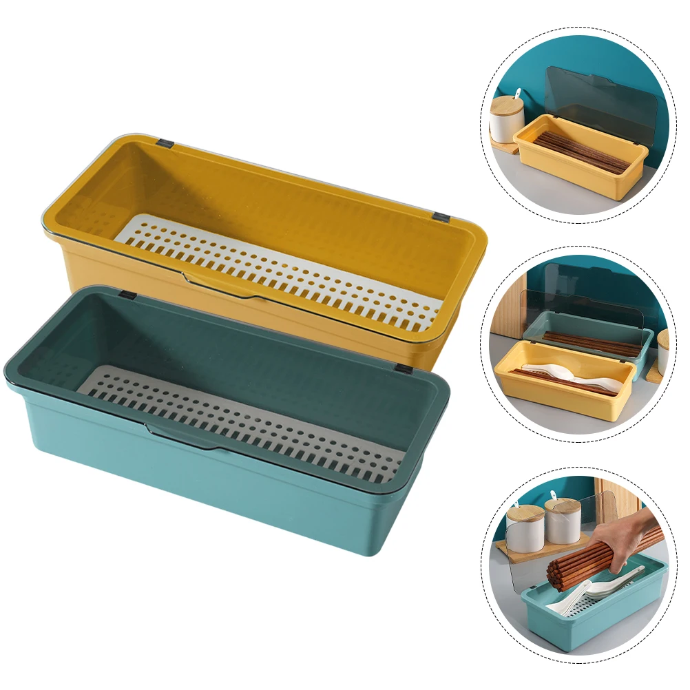 

2Pcs Chopsticks Storage Case Transparent Lid Draining Tray Design Plastic Home Kitchen Organizer