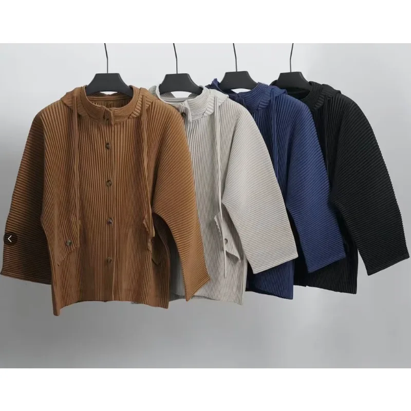

Miyake плиссированная однотонная куртка с капюшоном, женские плиссированные топы, осень 2023, новая однобортная свободная повседневная складная куртка