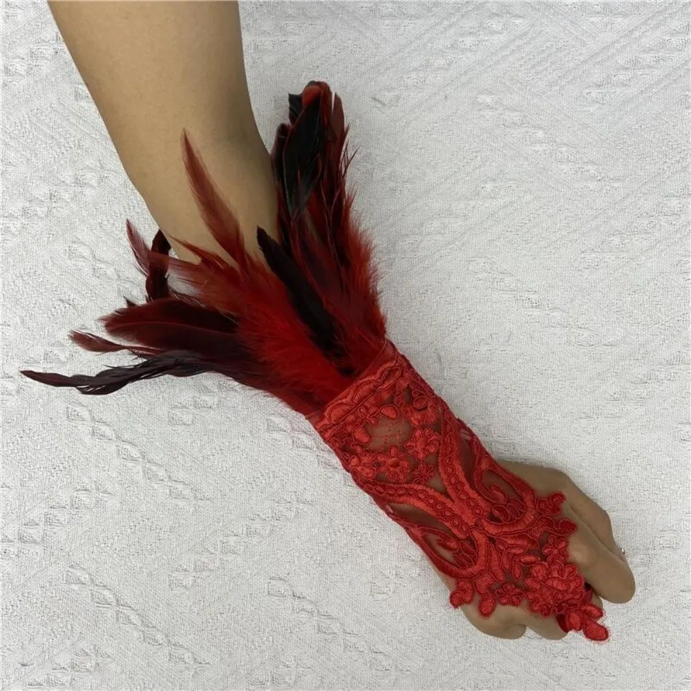 

Costume Wristband Halloween Feather Gloves Embroidery Retro Feather Lace Glove Dark Gothic Women Halloween Cuffs Party Supplies