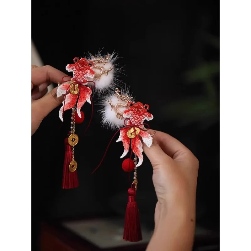 Chinese New Year Red Koi Fish Hair Clip Cute for Kids Girls Twin Tails Hairstyle Ancient Lolita Style Tassel Lucky Charm Gift view 4
