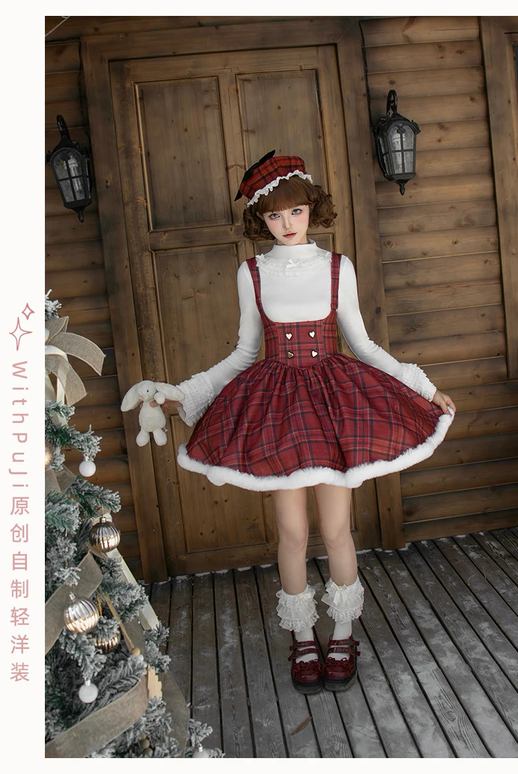 LolitaVintage الأحمر منقوشة قصيرة هيكل السمكة الصدر دعم فستان للنساء وشاح على غرار كيب Twinset الخريف الشتاء لوليتا الملابس