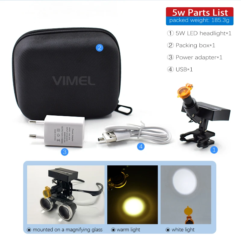 

3W/5W Clip-on Wireless Dental LED Headlight Build-in Power Brightness Adjustable for Dental Medical Binocular Loupes