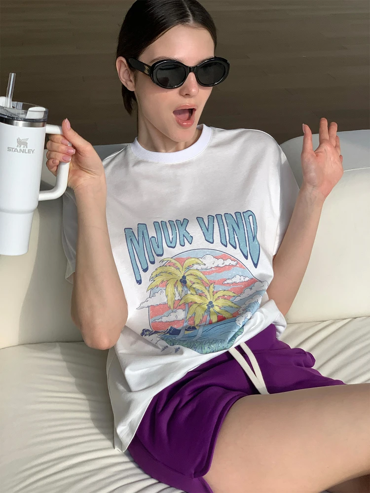 

ZhouMiao American Lenzing Linen Print T-irt Casual ort Sve Women's Spring Summer Loose Fit round Ne Thin Cotton Blend