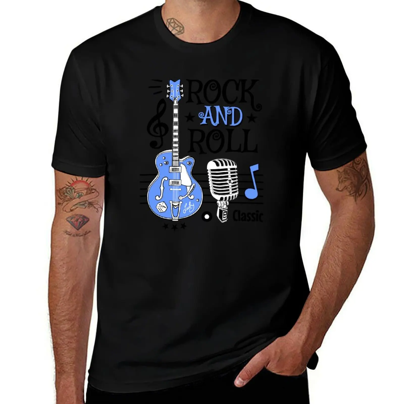 Rockabilly Music Retro Guitar Classic Rock and Roll Microphone Vintage Sock Hop T-Shirt Mechanic Work Tee Shirt T-Shirt