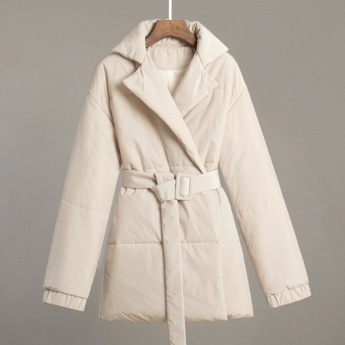 Women Winter Lapel Cotton Coat 2025 New Warm Thicken Slim Cotton Coat Solid Color Belt Cotton Padded Jacket Women Long Parkas