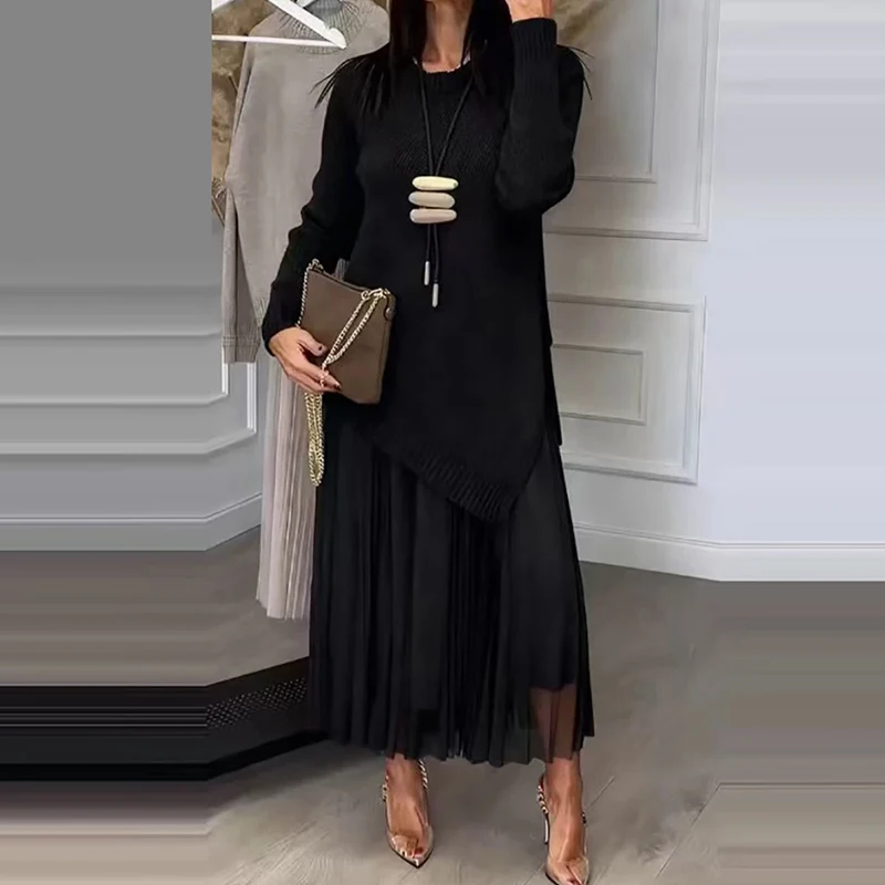 Elegante o-pescoço pulôver malha & suspender saia conjunto senhora casual manga longa sólido 2pc terno moda emenda solto commuter outfit