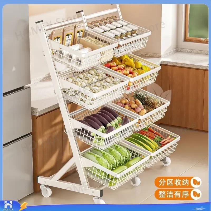 Kitchen vegetable basket storage rack with multiple levels, floor-standing and movable, for storing fruits and vegetables