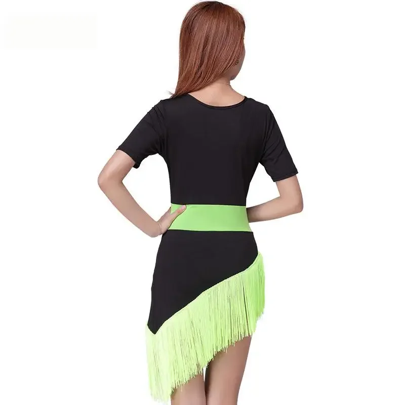 New Adult Female Short-sleeved Training Dress Competition Latin Dance Fringe Practice Latin Skirt Performance Dress Costumes