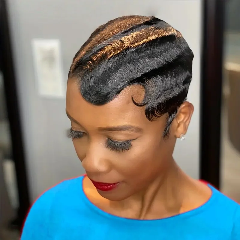 흑인 여성용 짧은 곱슬 픽시컷 전체 기계 제작 가발 100% 인모