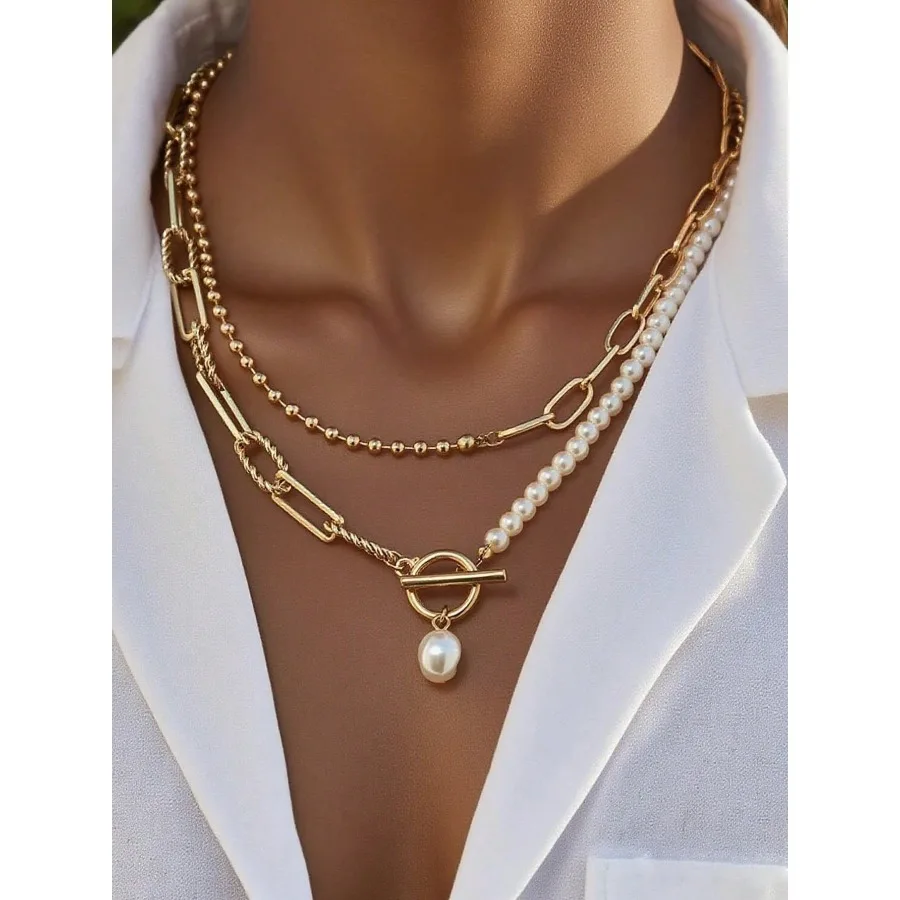 

1Pc Fashionable Long Pearl Chain Necklace - Vintage Style Personalized Pearl Clasp Jewelry Perfect For Parties