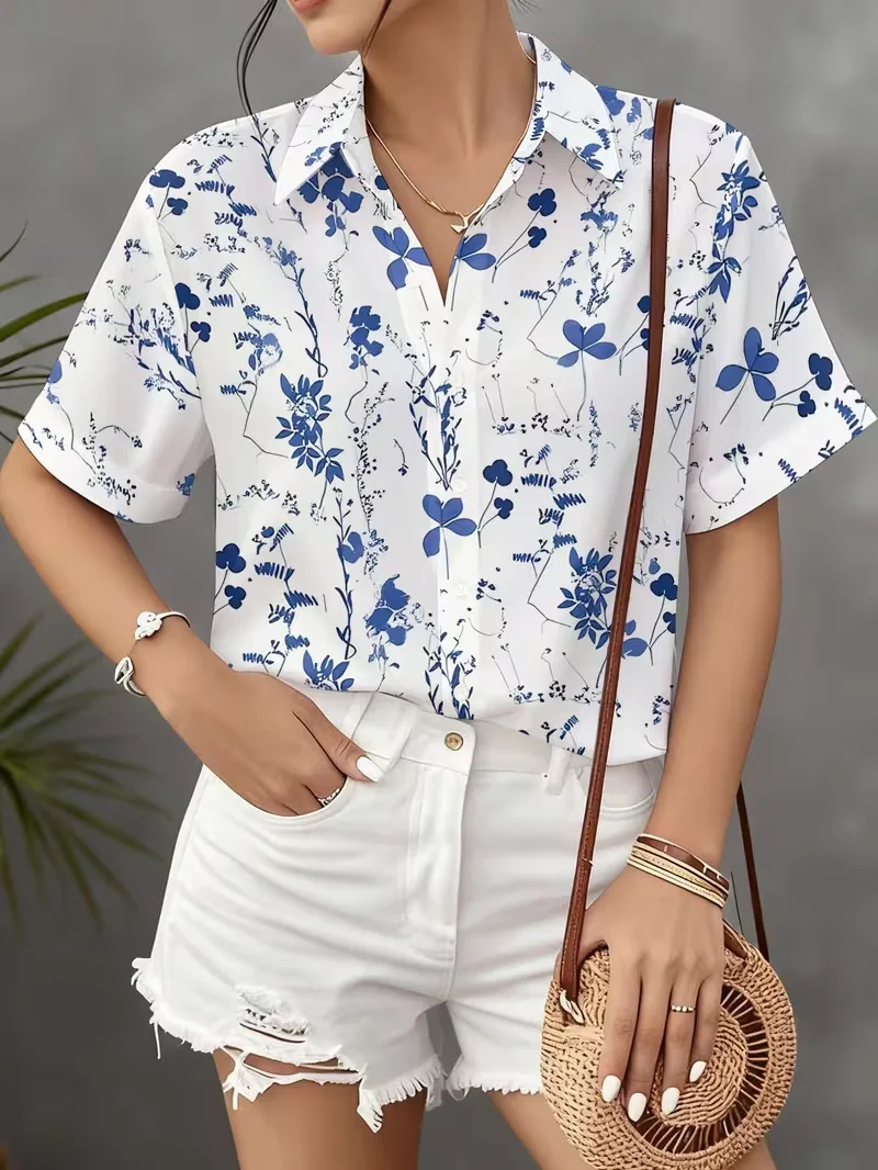 New 2026 Summer Office Ladies Shirts Fashion Abstract Printed Women's Blouses Loose Casual Button Short Sleeve Tops Blusas Mujer