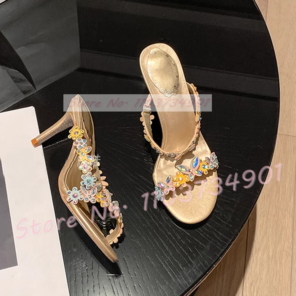 

Colorful Crystal Flowers Silver Sole Mules Women Elegant Gold High Heels Nifty Slippers Female Party Floral-applique 2024 Shoes