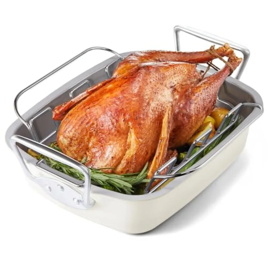 

Ceramic Coated Nonstick Large Turkey Roasting Pan with Rack U-Shaped 18.7×13.6 Inch Deep Roaster Pan for 25 lb Turkey and Chick