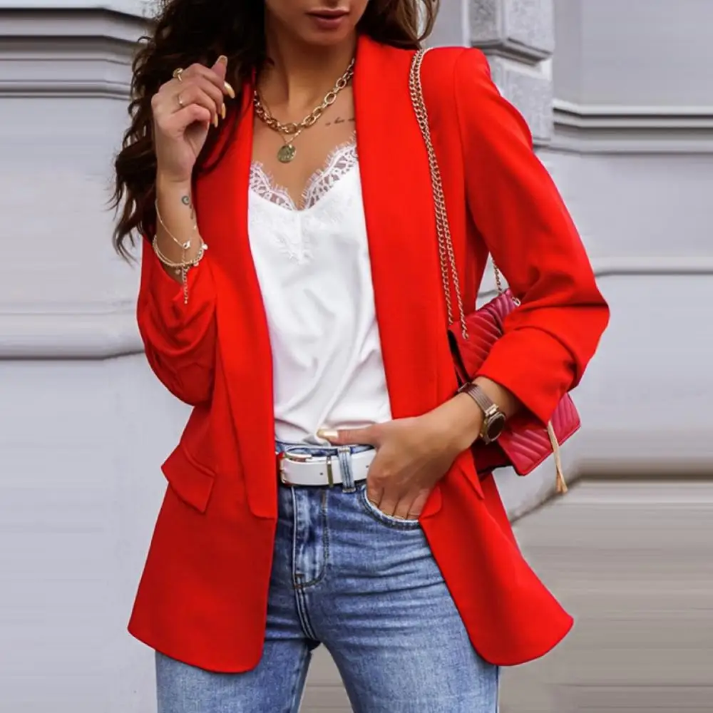 Blazer de manga comprida feminino, jaqueta monocromática, casaco justo, lapela elegante, moda chique, outono