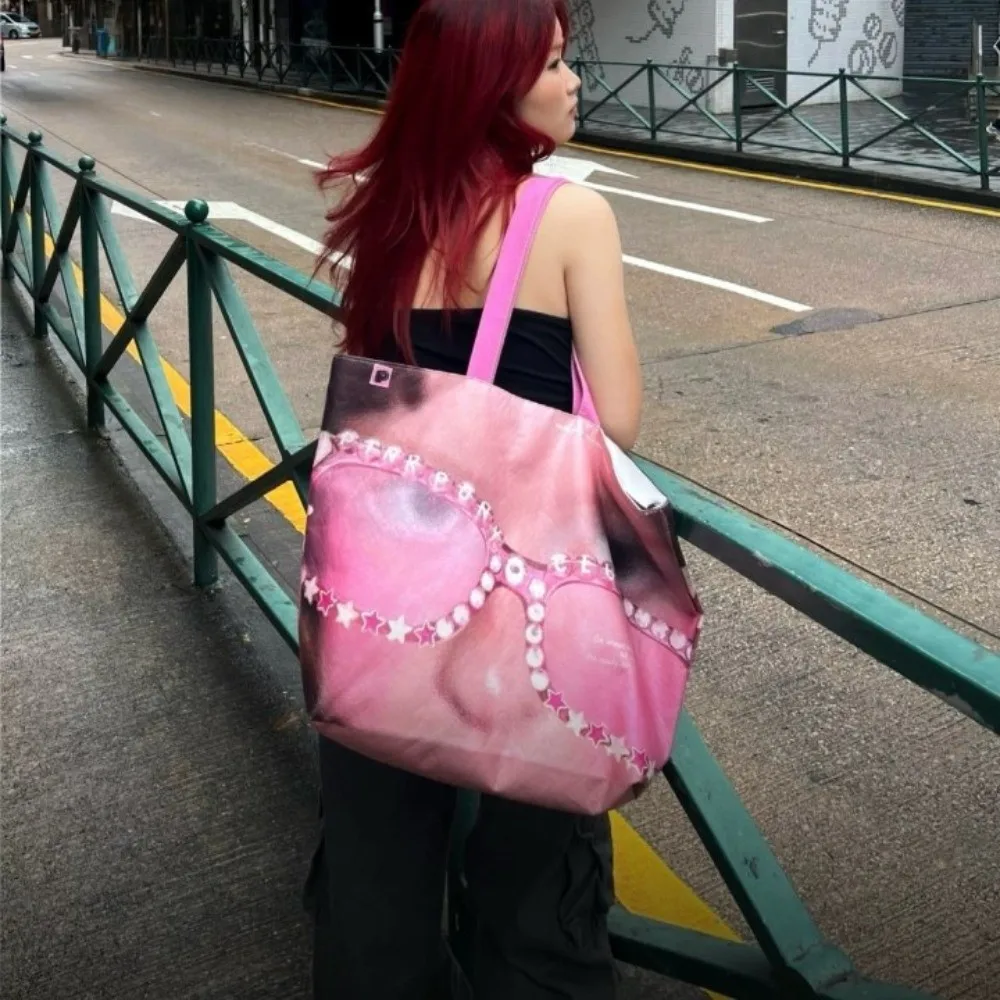 ラインストーンメガネデュポン紙ショッピングバッグクリエイティブ大容量ストリートプリントトートバッグピンクハンドバッグ Y2K ショルダーバッグ
