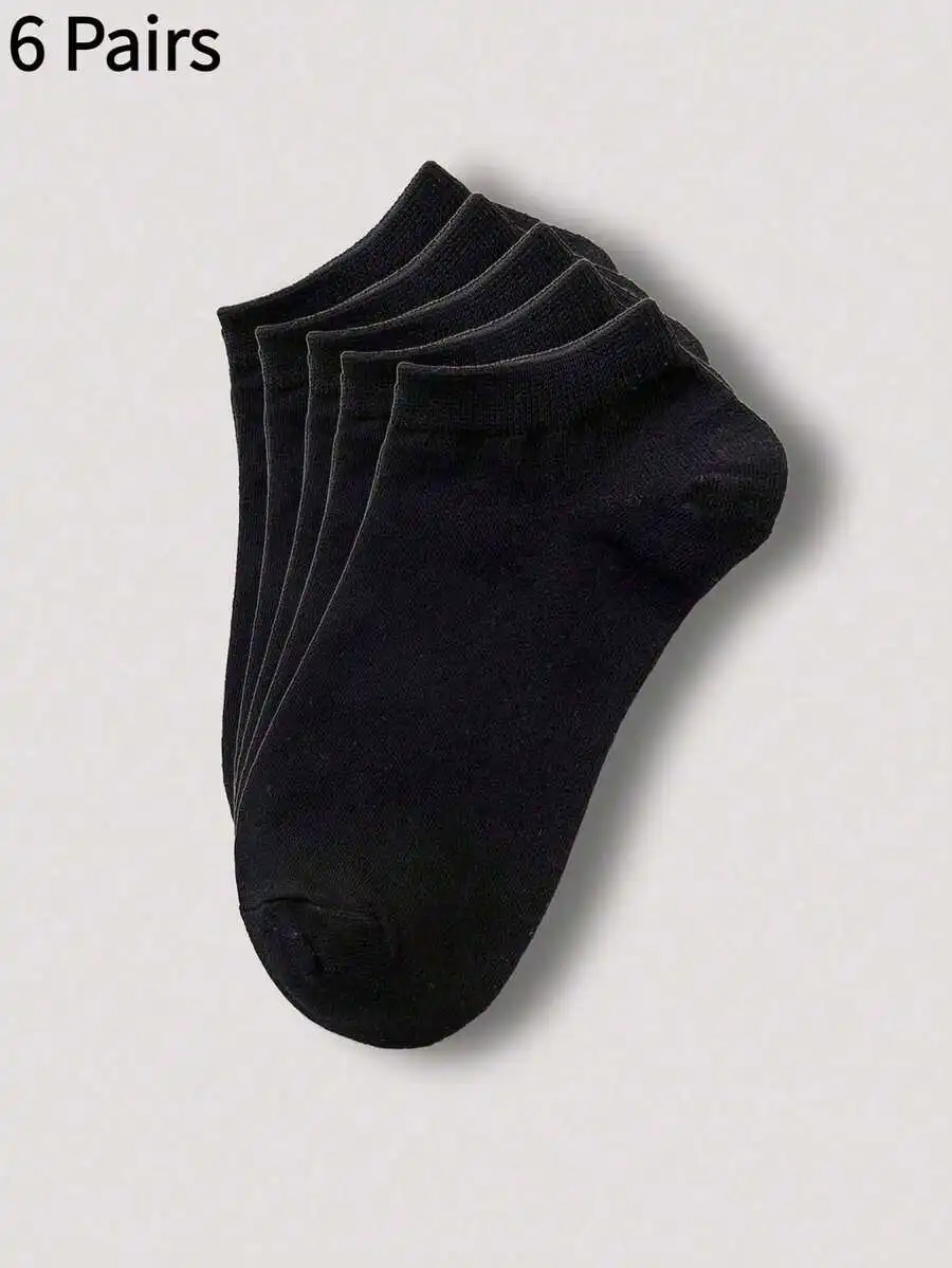 

6 Pairs Womens Solid Color Ankle Socks Black Comfortable Casual Daily Wear