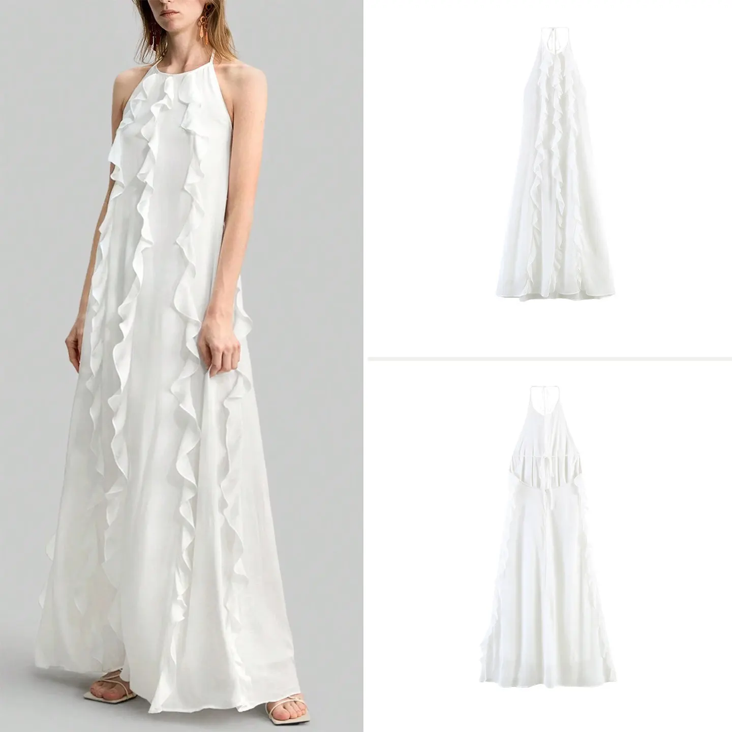 

Slimming Fashionable Summer Dress Women's Neck Hanging Belted Lace Trim Dress European Style Loose Fit Sleeveless Daily Wear