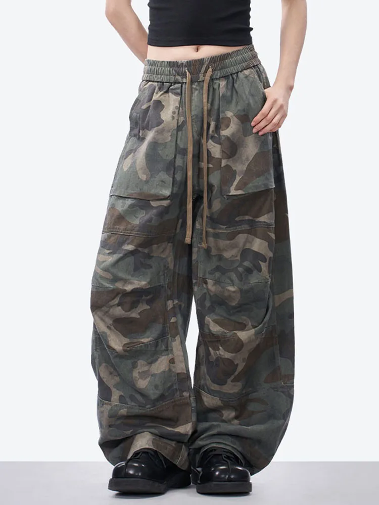 Amerykańskie spodnie robocze w stylu retro, kamuflaż, damskie, letnie, luźne, codzienne, proste nogawki, sportowe, szerokie nogawki.