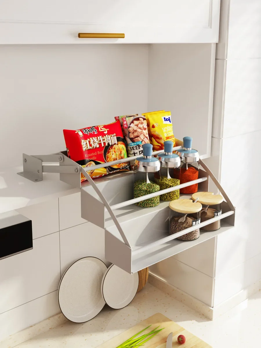 

Kitchen cabinets, hanging cabinets, drop-down spice baskets, lifting shelves, small-size condiment storage, and pull-out baskets