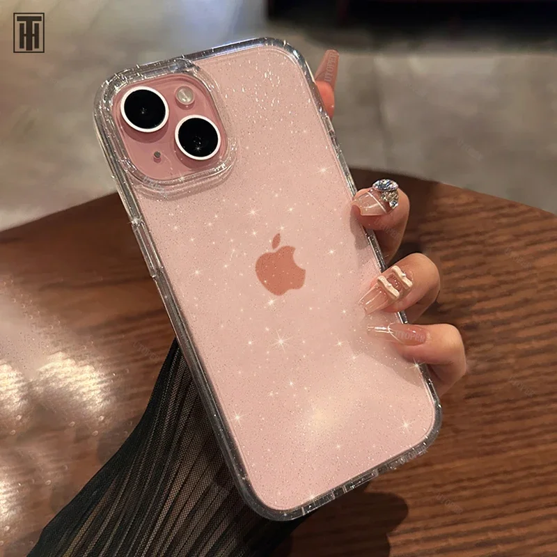 Fashion Pink Glitter Clear Silicone Phone Case For iPhone 15 14 13 12 11 Pro Max Plus X XS Max XR Soft Antiskid Protect Cover