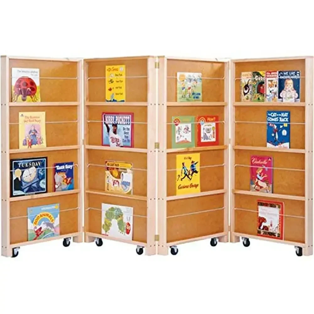 

4 Section Mobile Bookcase Kids Library Bookshelf Organizer Display Stand Tiered Wood Shelf Unit