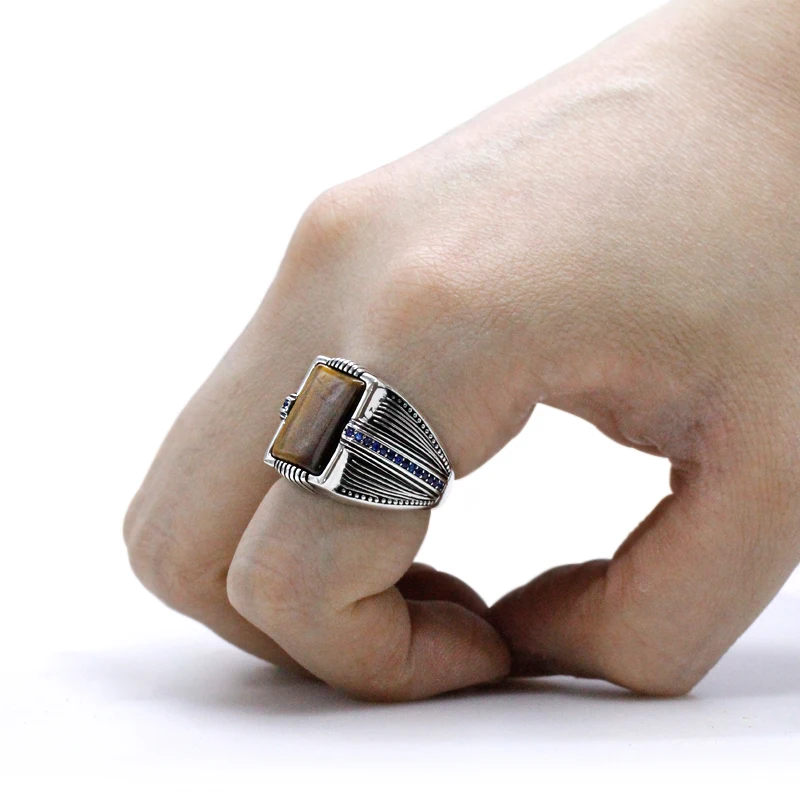 S925 الفضة النقية الرجال اليدوية خاتم حجر عين النمر الطبيعي المرأة ريترو T Ükiye مجوهرات الأزياء هدية حفلة عيد ميلاد #6