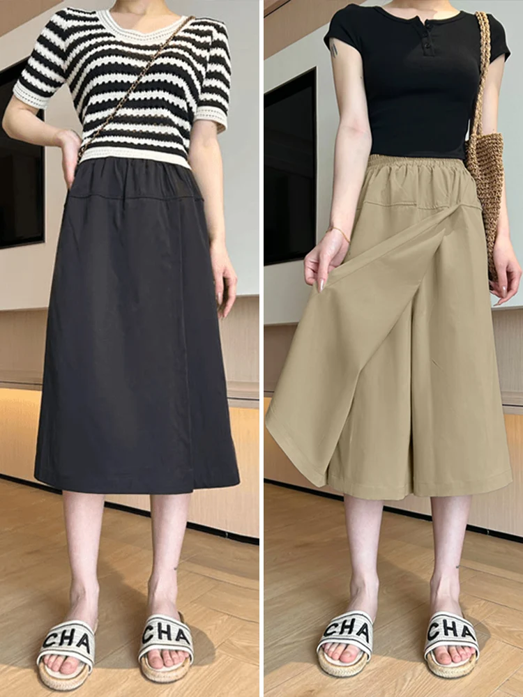 

Женские летние тонкие брюки-палаццо из ледяного шелка, новые повседневные брюки-юбка с высокой талией, драпирующиеся, утягивающие, укороченные (7/8)