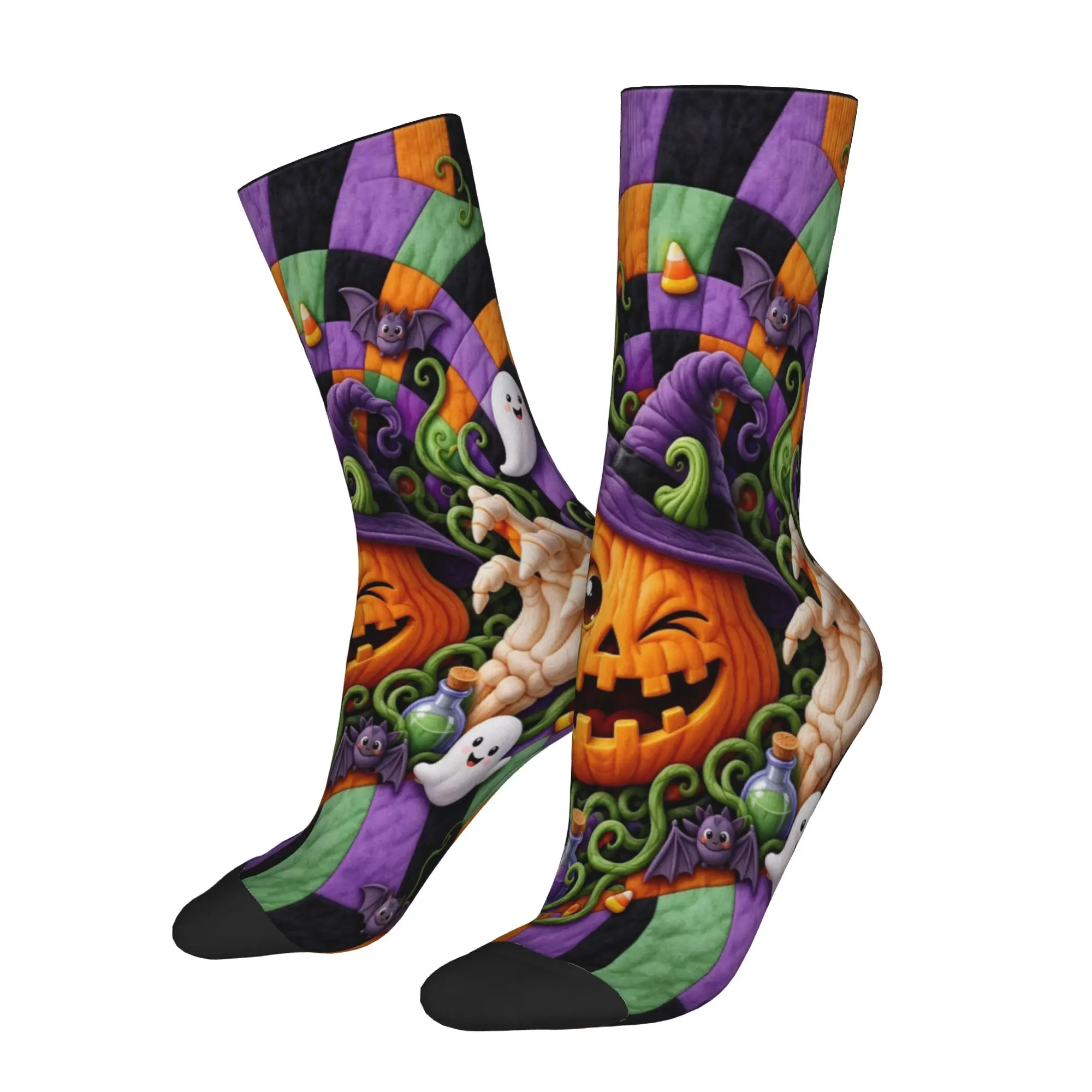 Cool 3D Illusion Halloween Soccer Socks Ghost Pumpkin Wink Polyester Long Socks for Unisex Non-slip