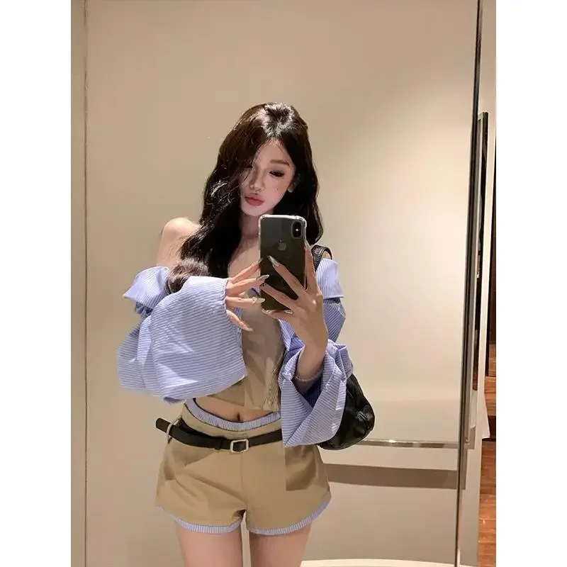 

Sweet Hot Girl Suit for Women's Autumn Slash Neck Long-sleeved Shirt High Waisted Pants Two-piece Set Fashion Female Clothes