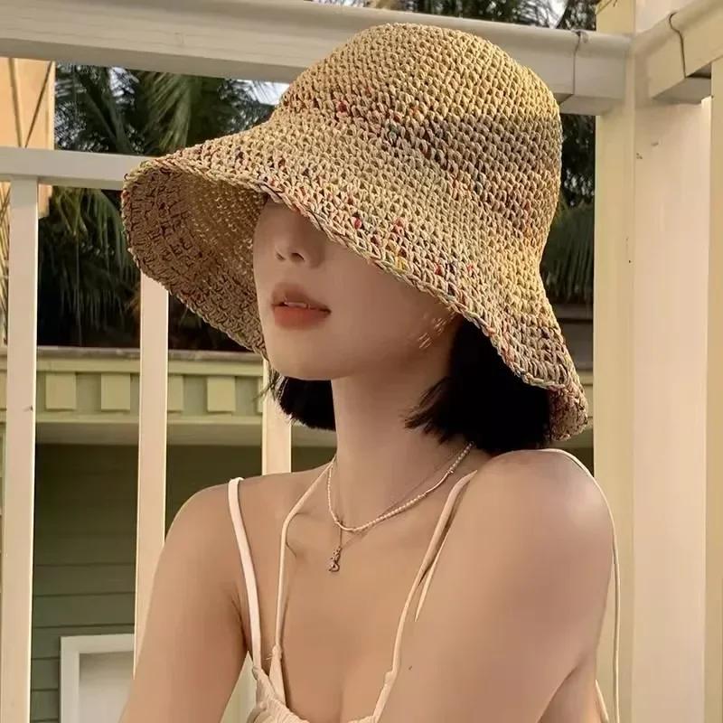 Rainbow woven women\'s sunscreen hat summer Japanese straw hat  protective fashion, breathable hollow beach sun hat