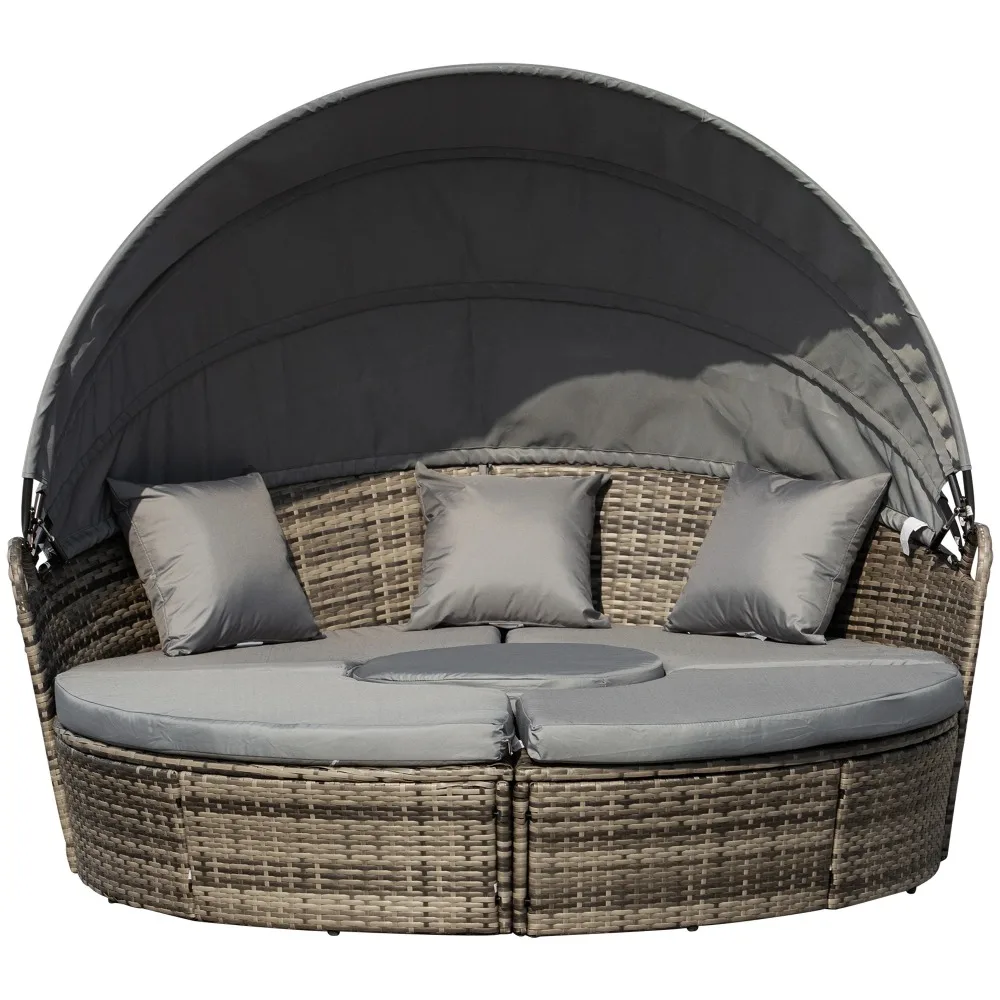 

Four-piece Round Convertible Sofa Bed, Outdoor PE Rattan Patio Wicker Sofa Set, Sunbed with Adjustable Awning
