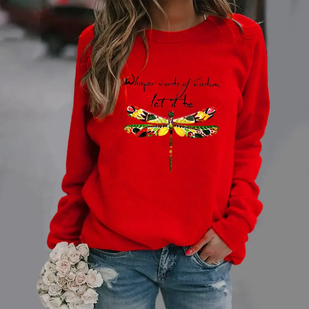 Independence Station Dragonfly Print Long-sleeved Crewneck Hoodie Woman Sweatshirt Sweatshirts Streetwear Women Clothes