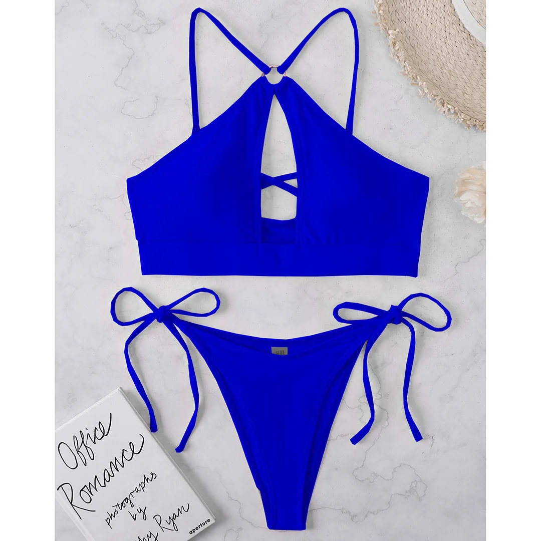 Ausgeschnittener Neckholder-Bikini, Damen-Badeanzug, zweiteiliges Bikini-Set, gepolstert, mit Trägern, Badebekleidung, Damen-Badeanzug, V3423 – Detail 37