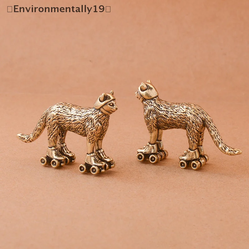 Brass Distressed Ski Cat Figurine Miniature Tea Pet Craft Desktop Small Ornament Animal Home Decor Accessories Children Gift
