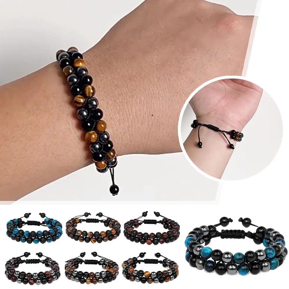 Gelang Perlindungan Tiga Baru 6Mm Manik-manik Mata Harimau Hitam Obsidian Hematit Gelang untuk Pria Wanita Gelang Pemberani Hombre S6S0