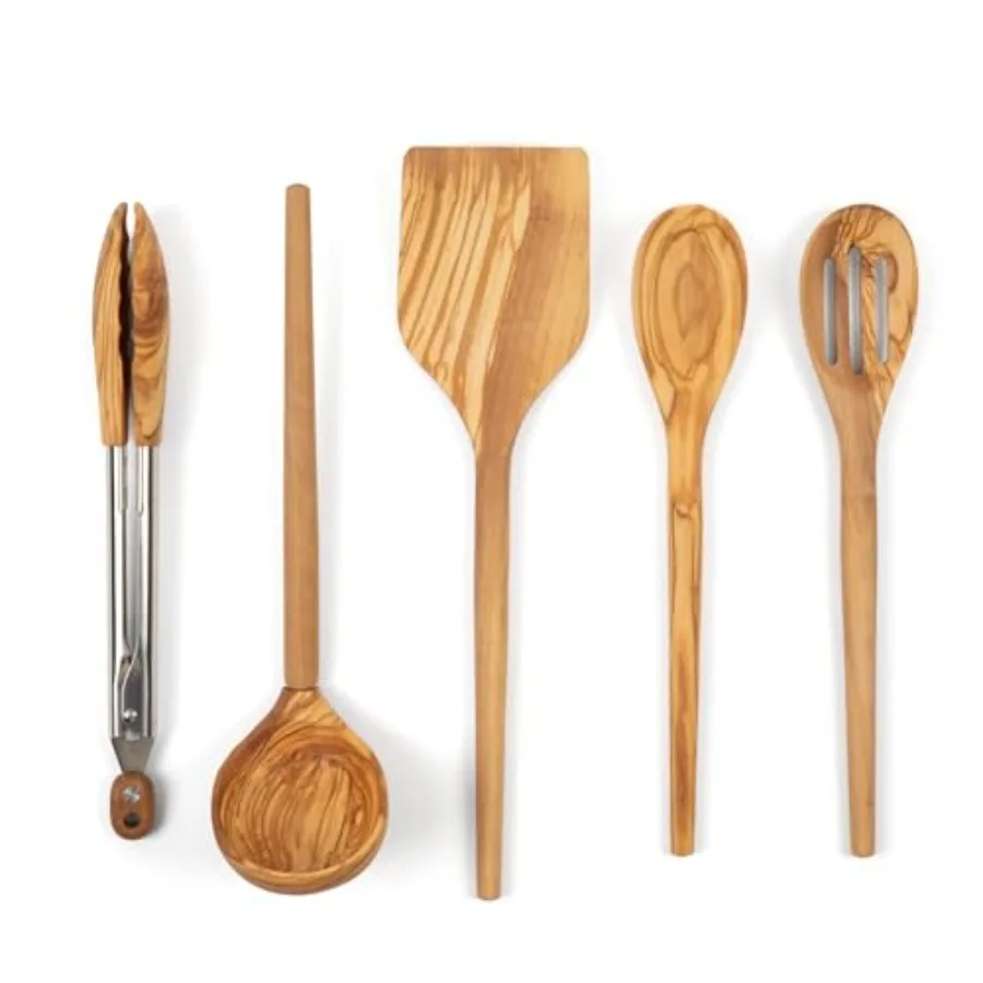 

5-piece Wooden Kitchen Utensil Set - Includes Turner Tongs Slotted Spoon Ladle and 12" Spoon - Best Wooden Spoons for Cooking -