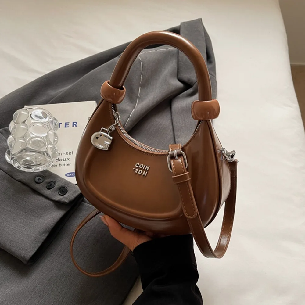 

Portable Elegant Half-moon Shoulder Bag Leather Retro Dumpling Crossbody Bag Zipper Solid Color Underarm Handbag Outdoor