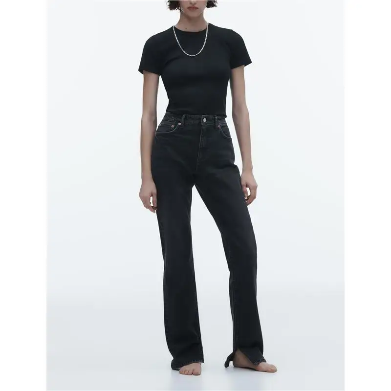 

High Waist Straight Leg Jeans Casual Slim Fit Split Hem Denim Pants Spring Summer New Sle Versatile Casual Loose Trousers